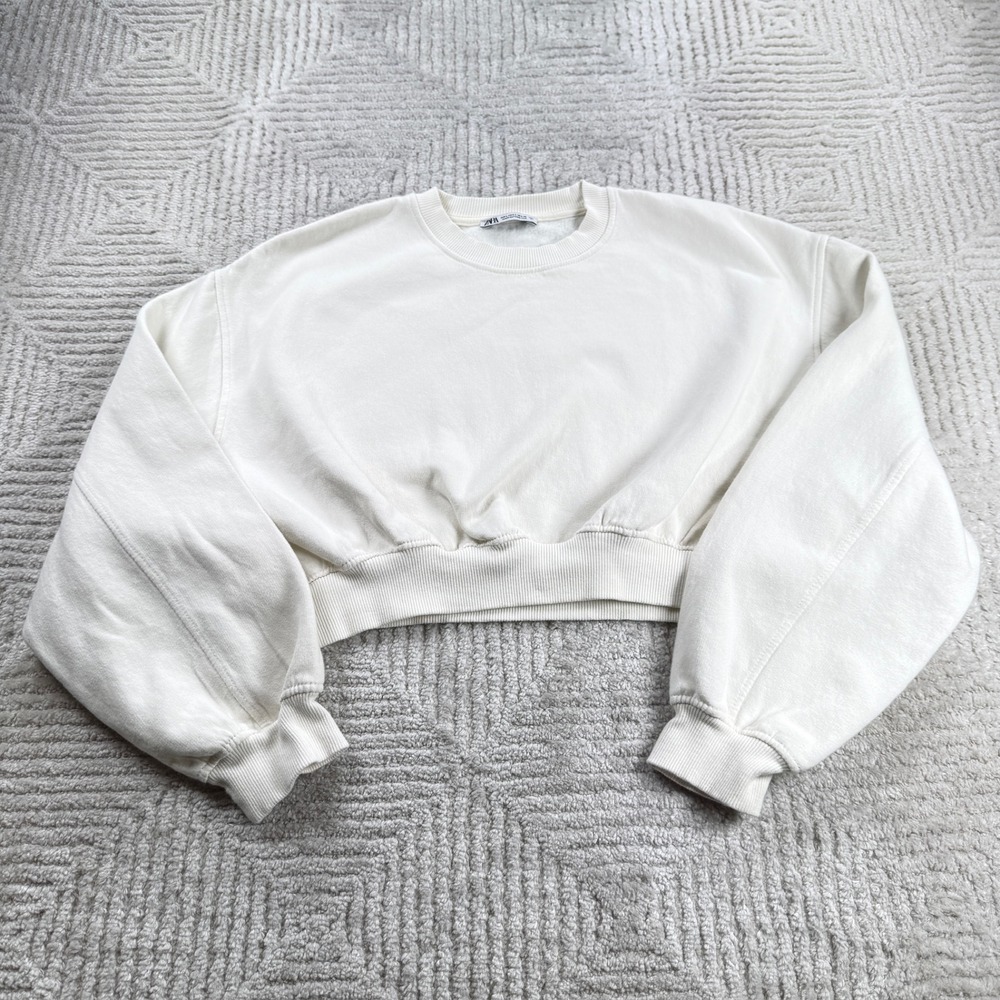Zara Cropped Sweatshirt Women's L Cream Balloon Sleeve Minimalist Clean Girl